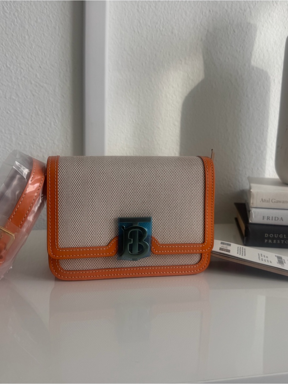 Burberry Mini Two-Tone Canvas Leather TB Crossbody Bag Orange / Gold New
